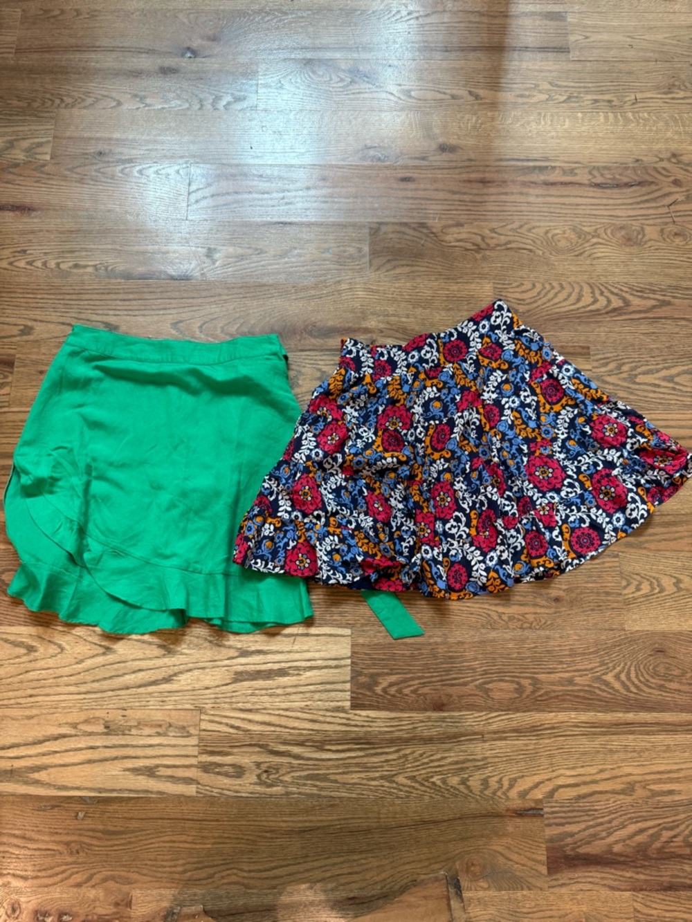 LOFT Green Ruffle Mini Skirt & Navy Floral skirt Anthropologie
